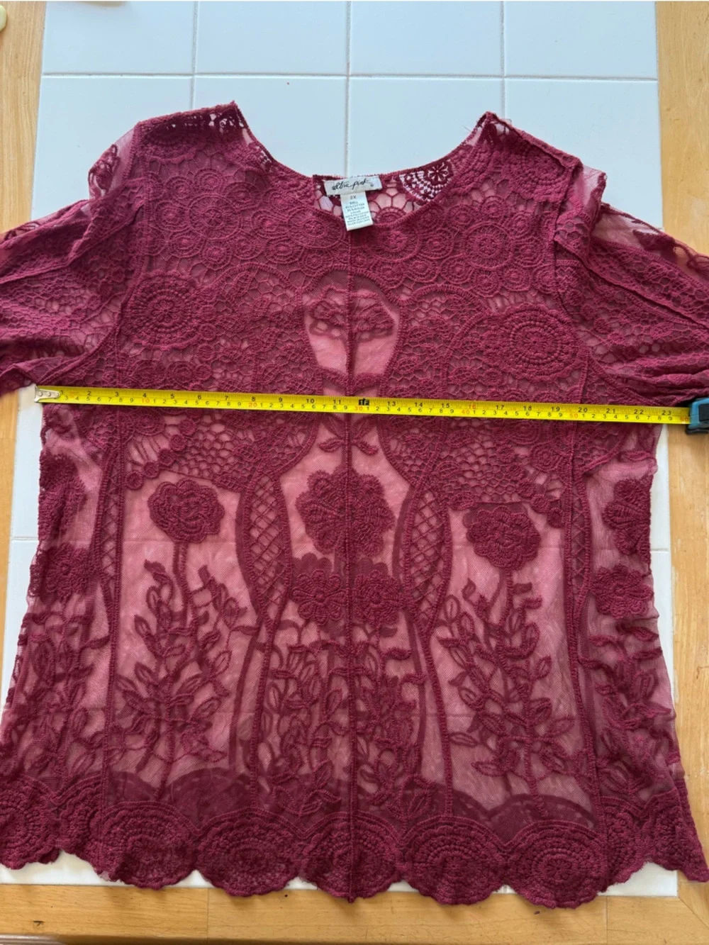 Sheer Crochet Burgundy Lace Long Sleeve Top Womens 2X Witchy Whimsigoth Boho - Picture 7 of 11